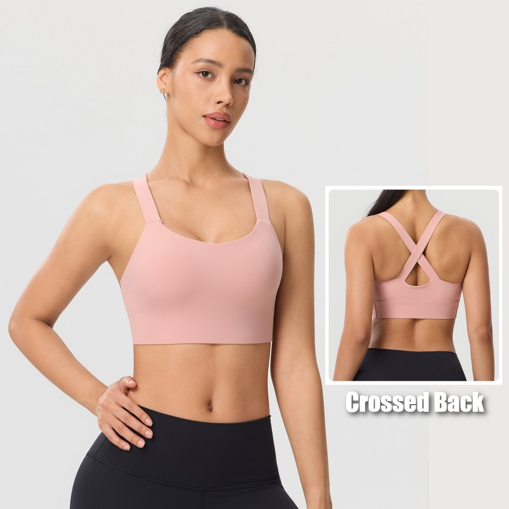 Pilates Yoga One - 無地のクロスバックスポーツブラ、速乾性・衝撃吸収性に優れたピラティス・ヨガ用ベスト、ランニングやフィットネスに最適な一体型パッド付きブラ。