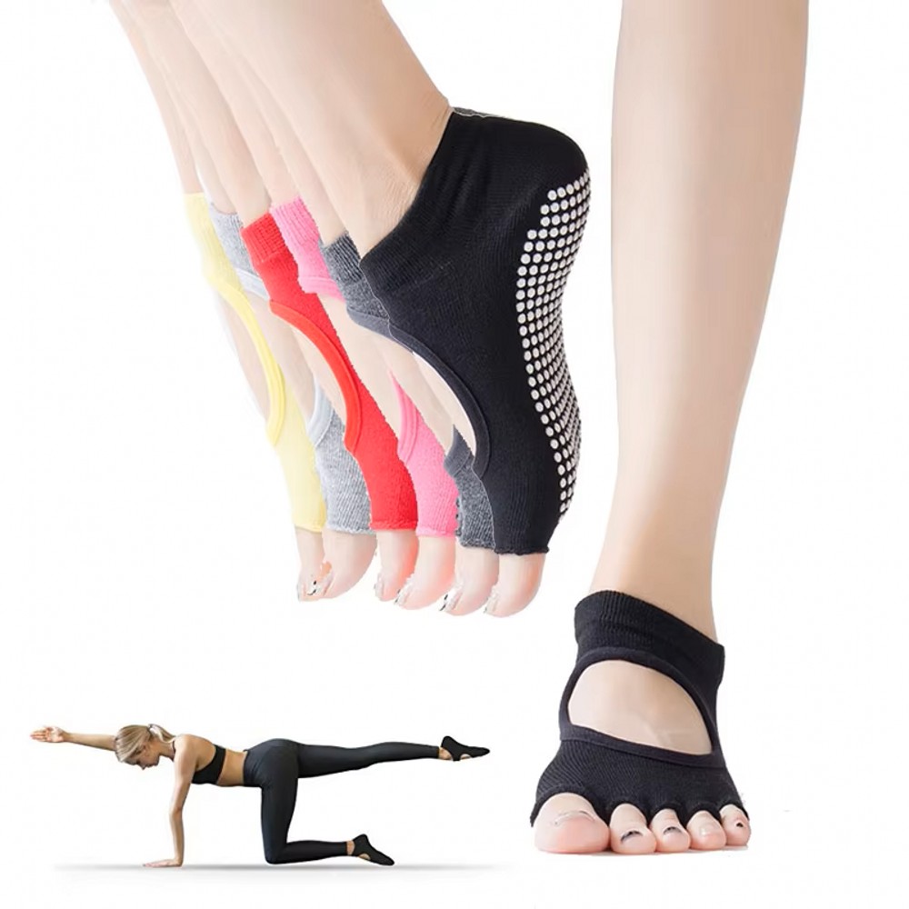 Medias Para Pilates Y Yoga - 背中が開いた五本指タイプのヨガソックス。通気性に優れた、ピラティスや裸足でのスポーツ、自宅やスタジオでの使用に適した、滑り止め付きのフィットネススポーツソックス。